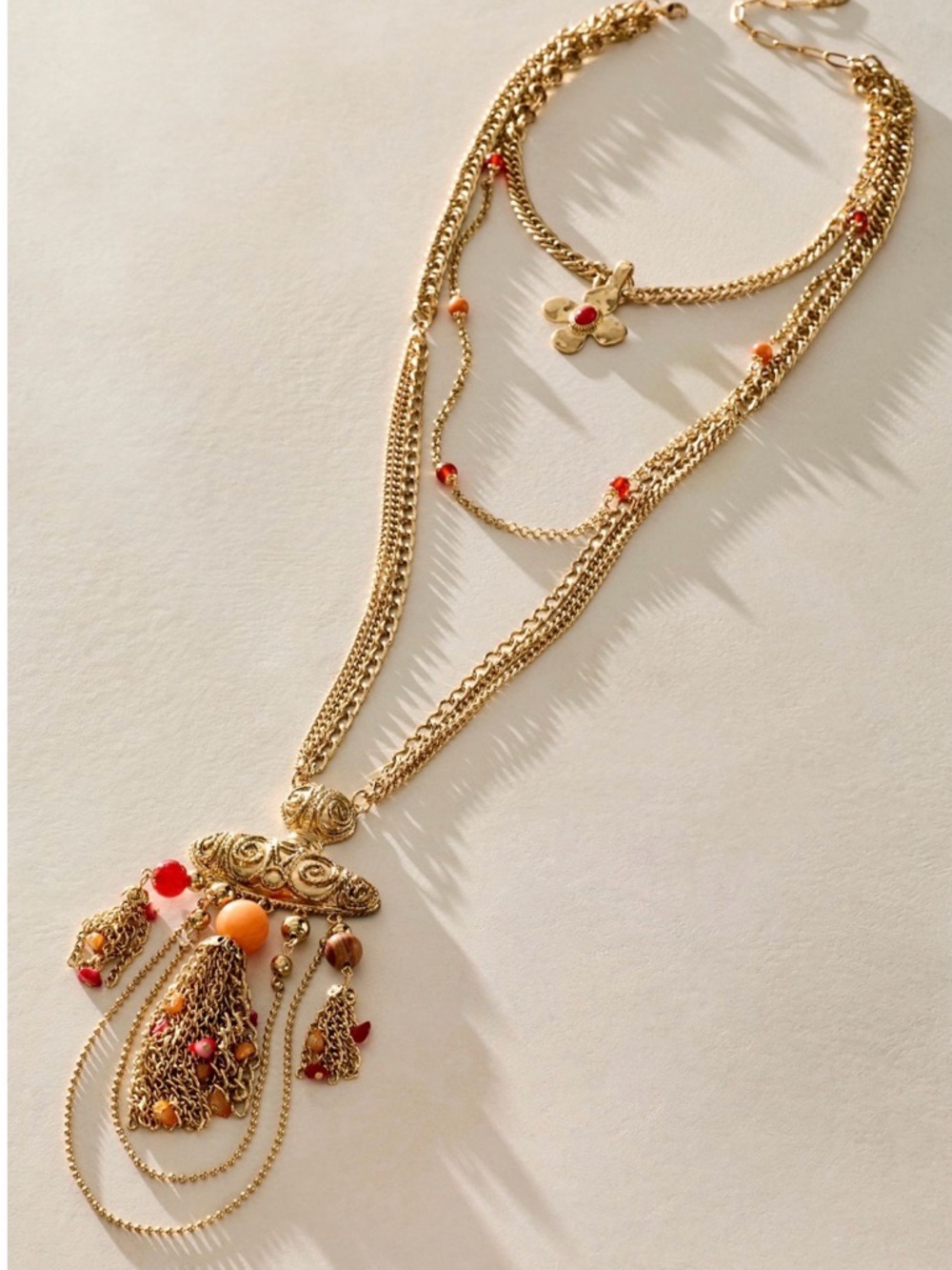 Free People Multi-Layered Gold Necklace with Orange and Red Beads